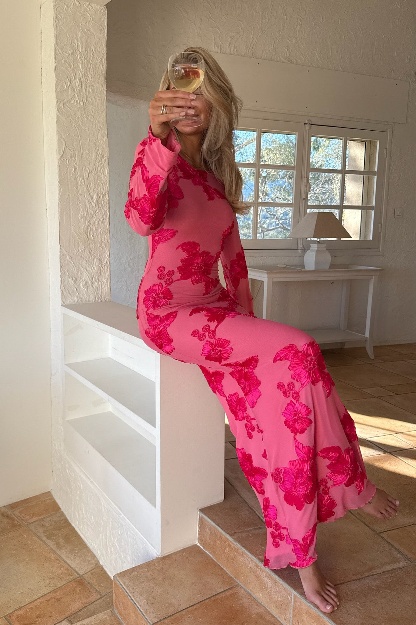Flora Mesh Dress Maxi Fuchsia Pink Flower