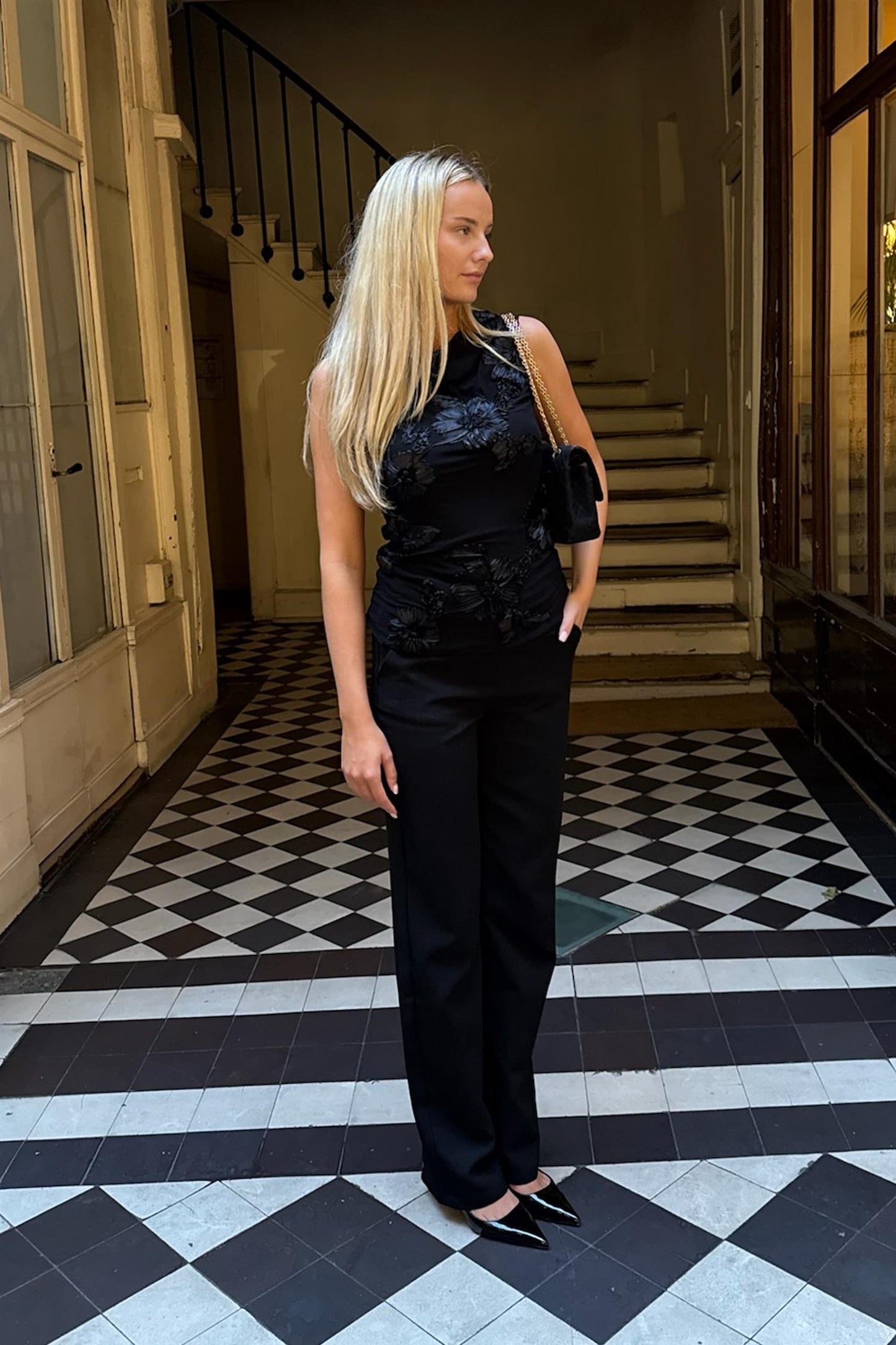 Mira Mesh Top Black Flower