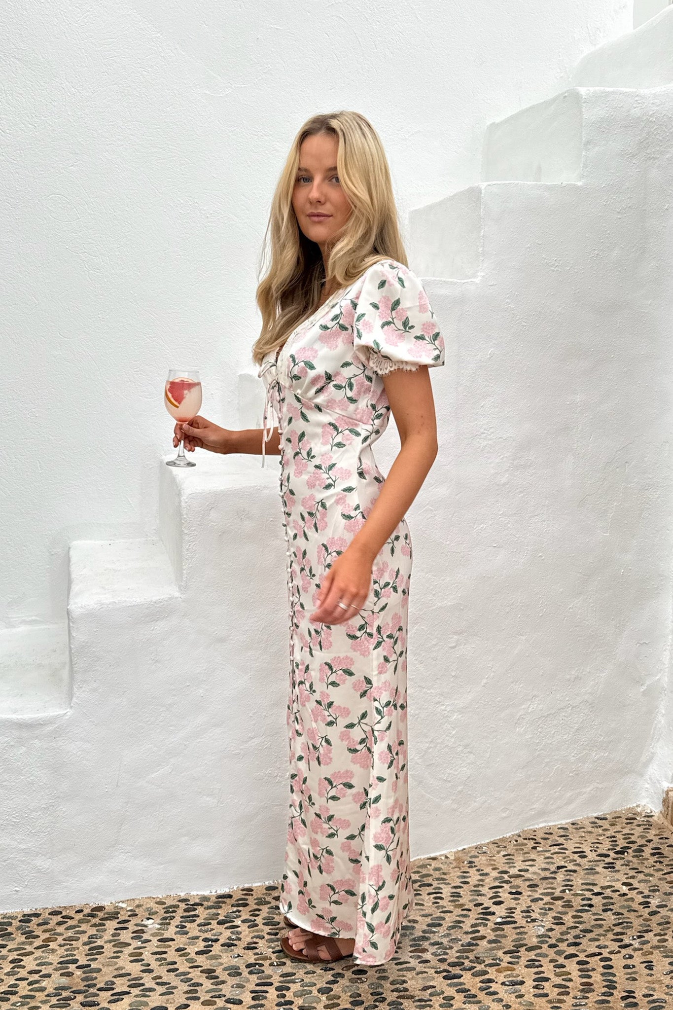 Agnete Long Dress Pink Hydrangea Print