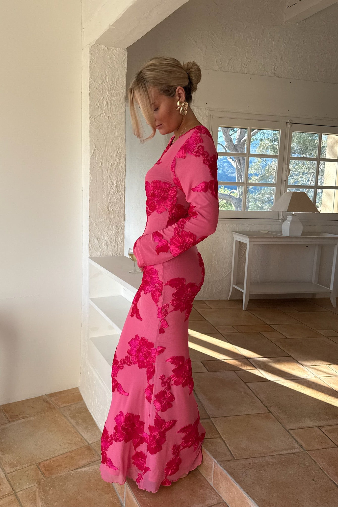 Flora Mesh Dress Maxi Fuchsia Pink Flower