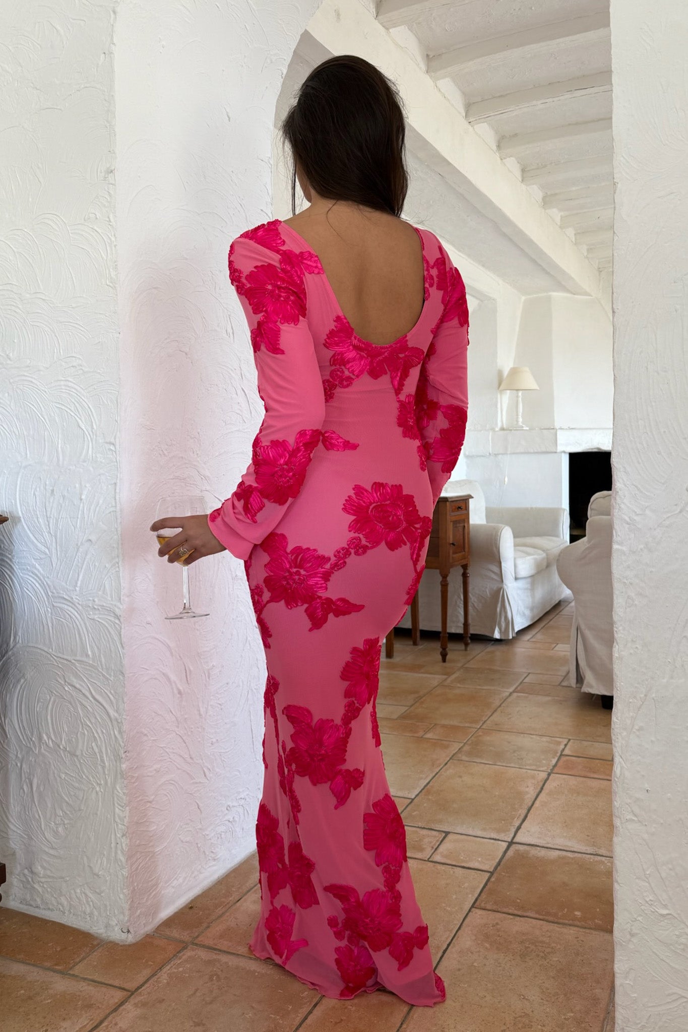 Flora Mesh Dress Maxi Fuchsia Pink Flower