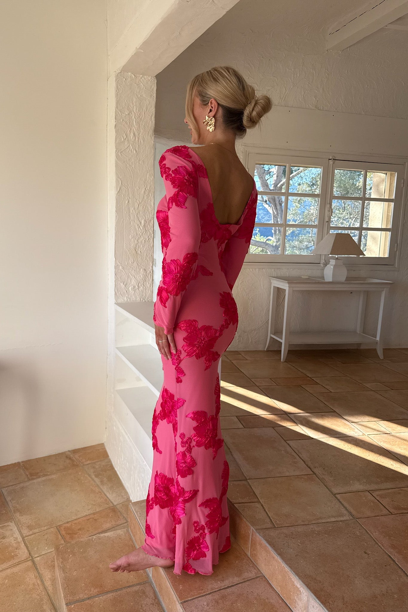 Flora Mesh Dress Maxi Fuchsia Pink Flower