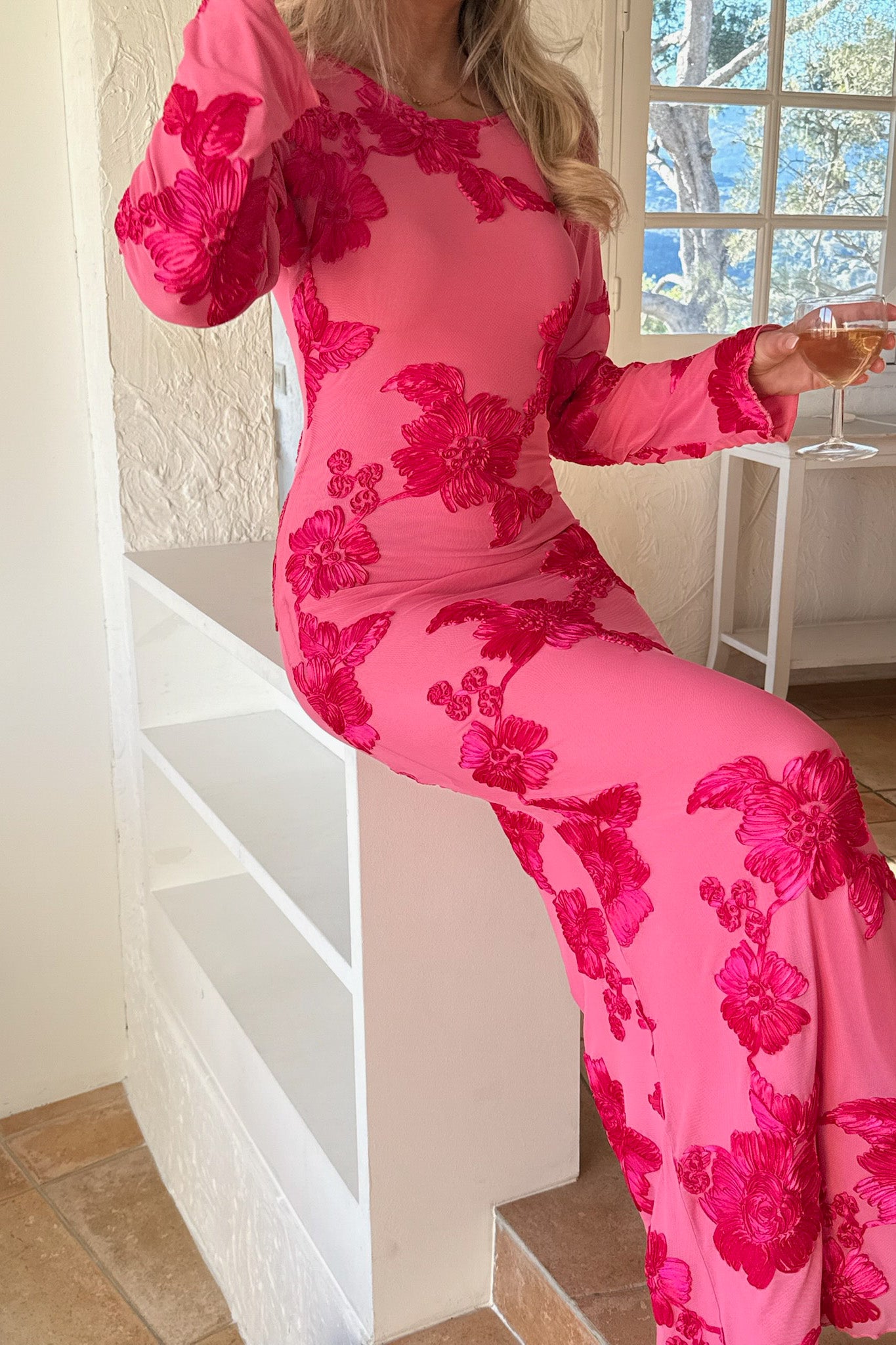 Flora Mesh Dress Maxi Fuchsia Pink Flower