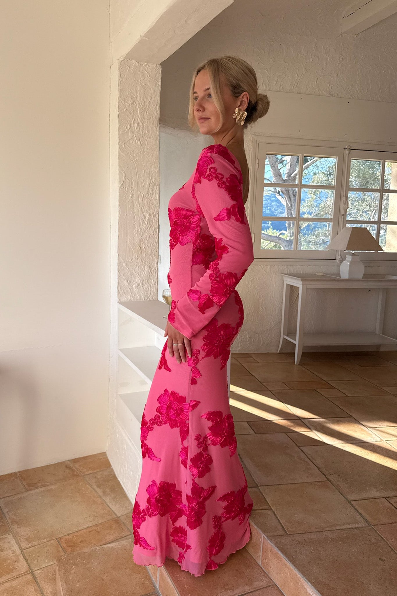 Flora Mesh Dress Maxi Fuchsia Pink Flower