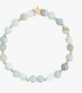 Stone Bead Bracelet 6 mm w gold beads Light Blue