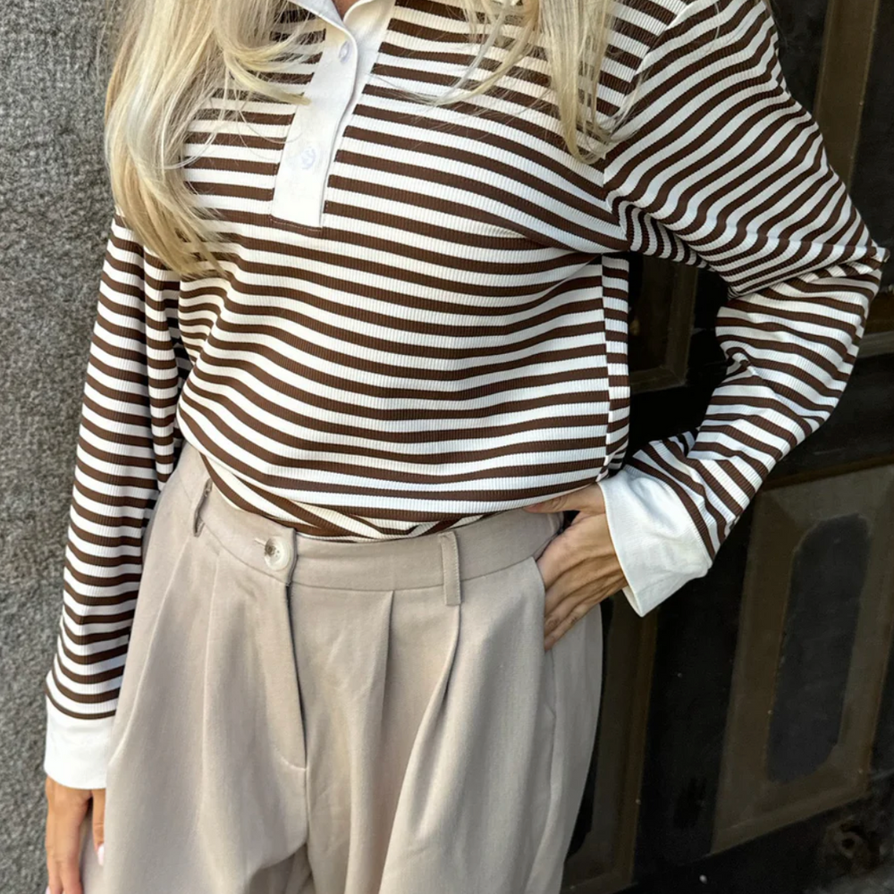 
                      
                        Carly Polo Brown Stripe
                      
                    