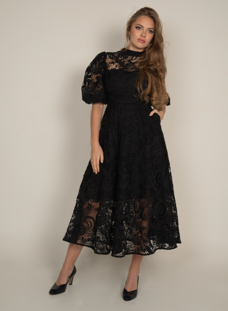 Embroidered Midi Dress Black