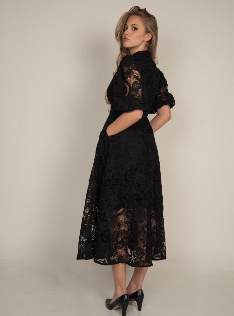 Embroidered Midi Dress Black