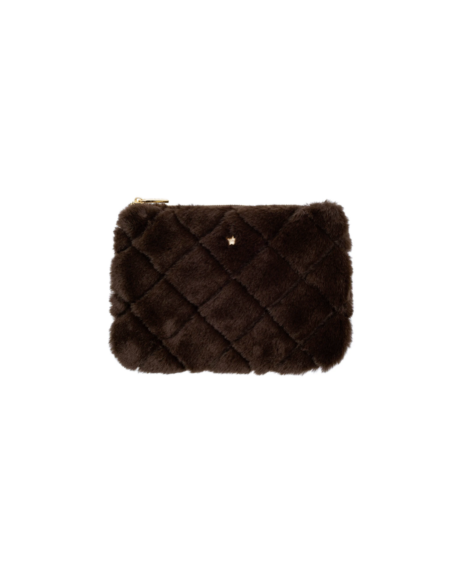 Faux Fur Quilted Small Pouch Chocolate Brown