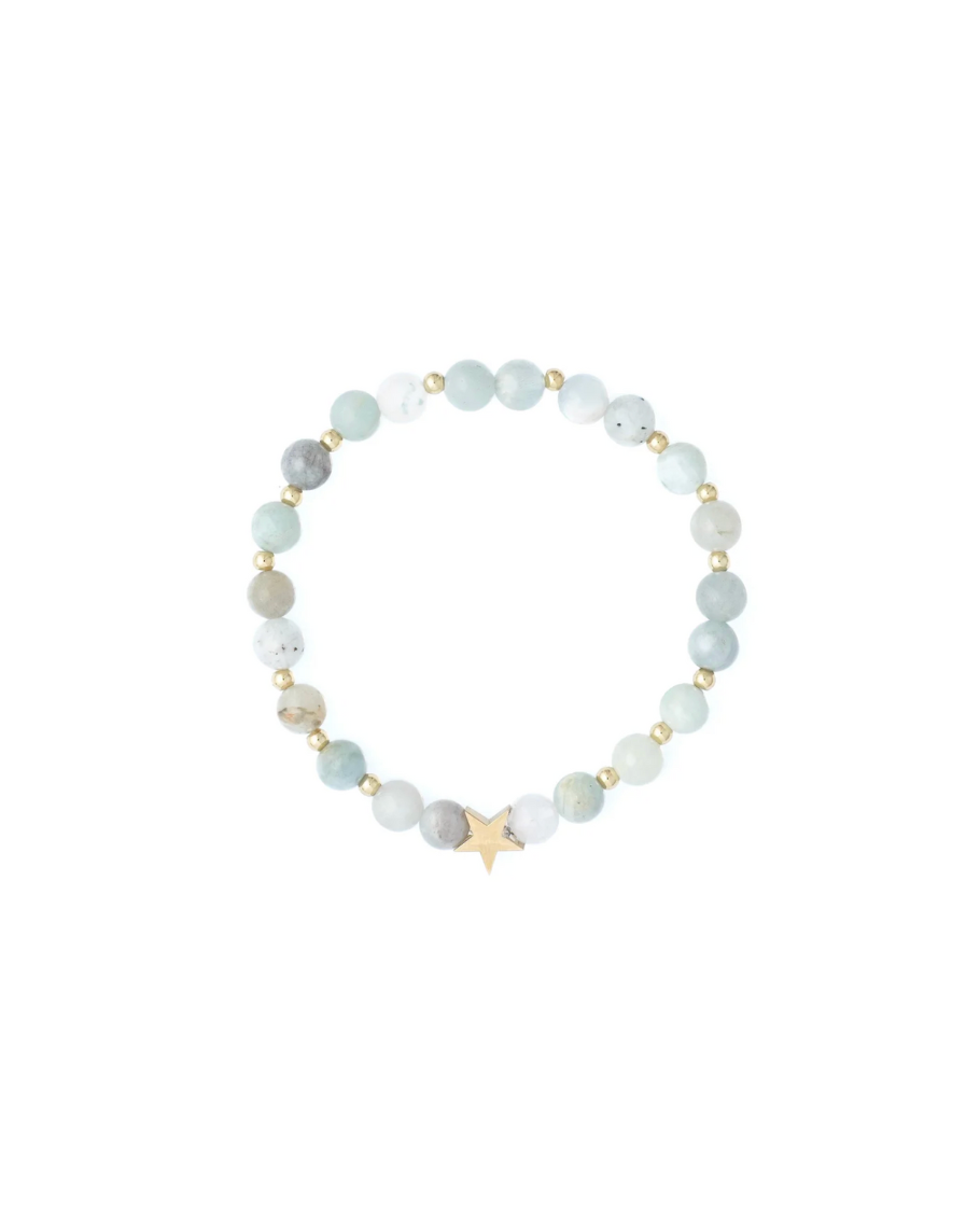 Stone Bead Bracelet 6 mm w gold beads Light Blue