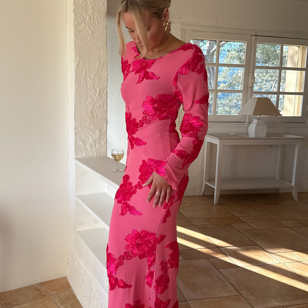 Flora Mesh Dress Maxi PREORDER Fuchsia Pink Flower